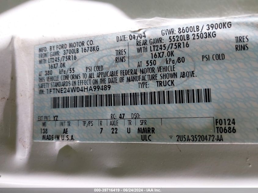 2004 Ford E-250 Commercial/Recreational VIN: 1FTNE24W04HA99489 Lot: 39716419