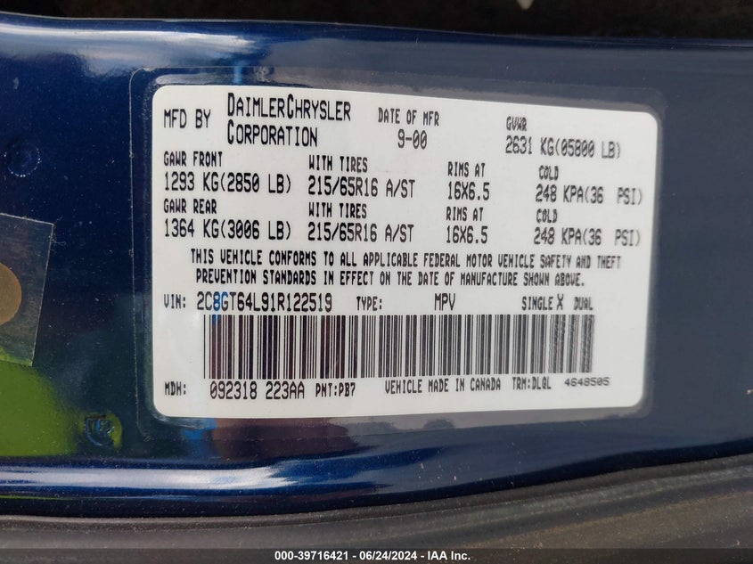 2001 Chrysler Town & Country Limited VIN: 2C8GT64L91R122519 Lot: 39716421
