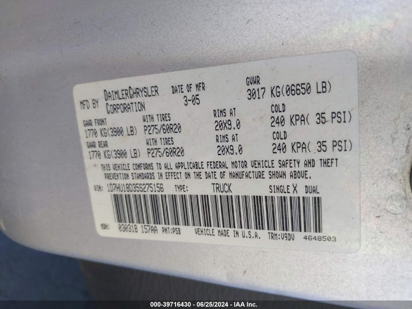 2005 Dodge Ram 1500 Slt/Laramie VIN: 1D7HU18D35S275156 Lot: 39716430