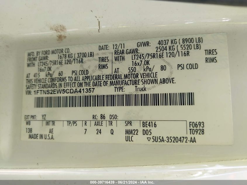 2012 Ford Econoline E250 Van VIN: 1FTNS2EW5CDA41357 Lot: 39716439