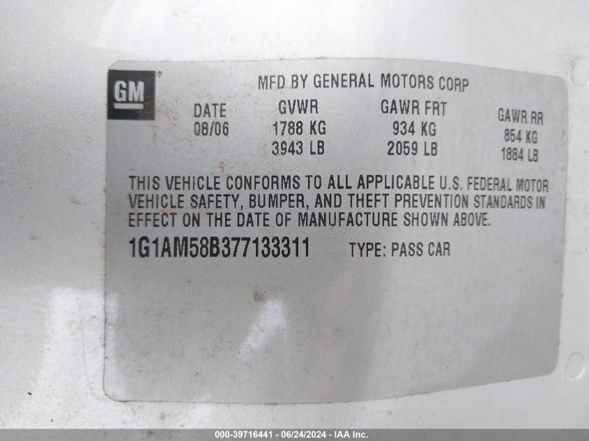 2007 Chevrolet Cobalt Ss VIN: 1G1AM58B377133311 Lot: 39716441