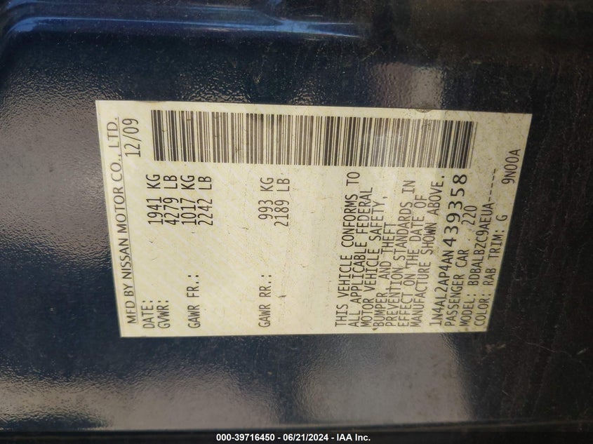 2010 Nissan Altima 2.5 S VIN: 1N4AL2AP4AN439358 Lot: 39716450