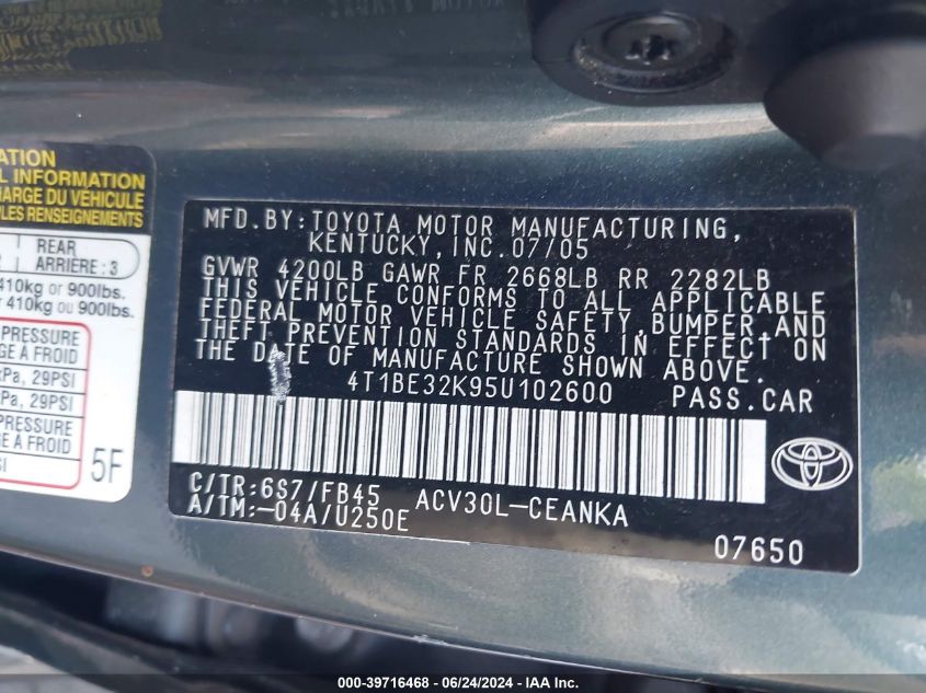 2005 Toyota Camry Le VIN: 4T1BE32K95U102600 Lot: 39716468