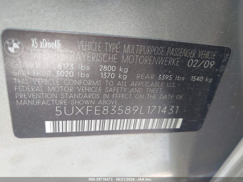 2009 BMW X5 xDrive48I VIN: 5UXFE83589L171431 Lot: 39716473