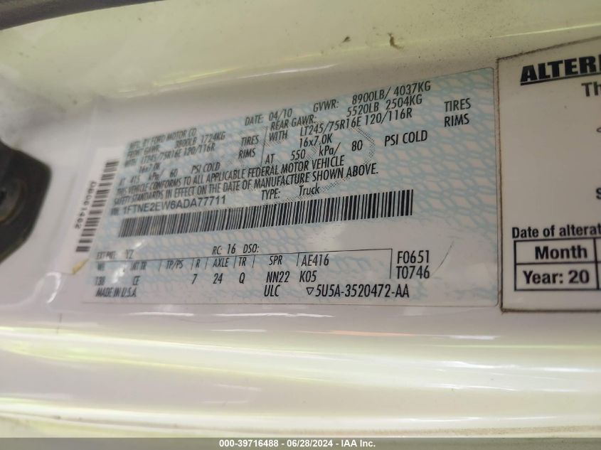 2010 Ford E-250 Commercial/Recreational VIN: 1FTNE2EW6ADA77711 Lot: 39716488