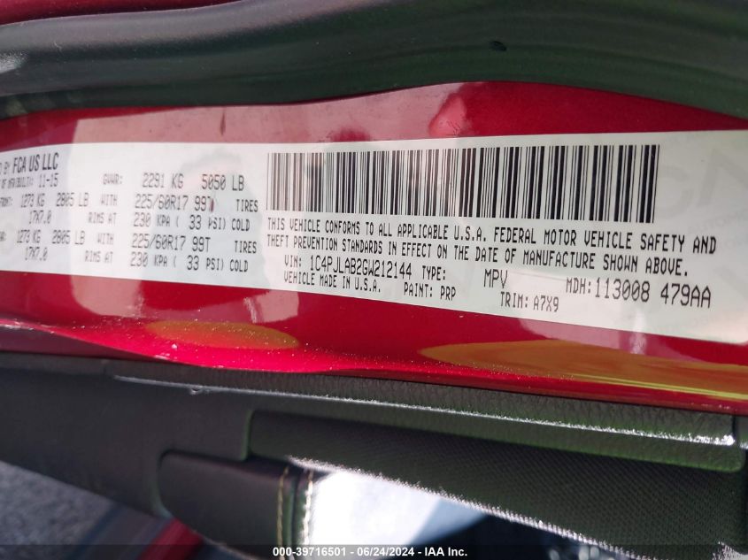 2016 Jeep Cherokee Sport VIN: 1C4PJLAB2GW212144 Lot: 39716501