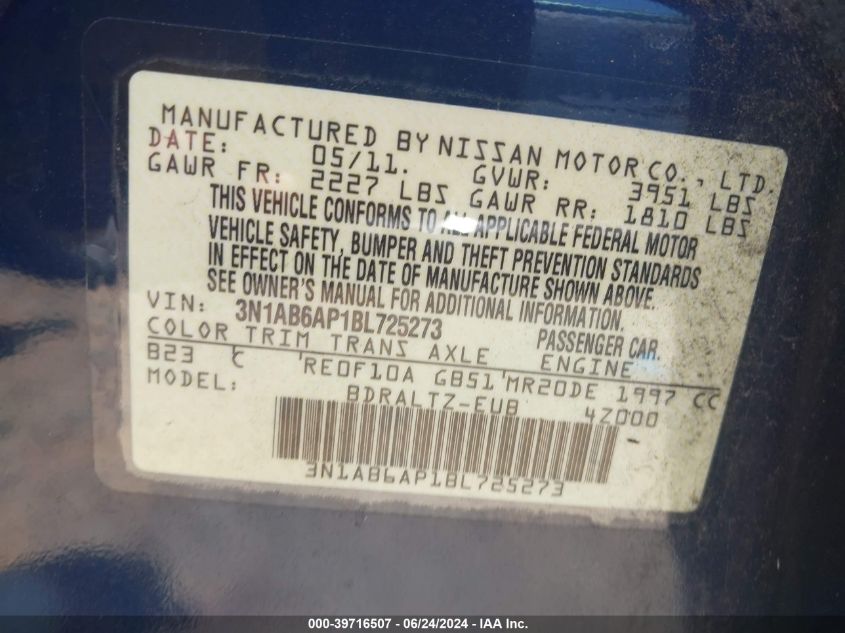 2011 Nissan Sentra 2.0S VIN: 3N1AB6AP1BL725273 Lot: 39716507