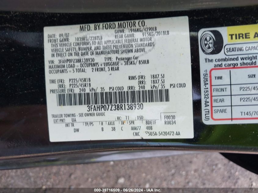 2008 Ford Fusion Se VIN: 3FAHP07Z38R138930 Lot: 39716509