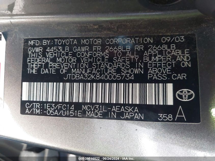 2004 Toyota Camry Se V6 VIN: JTDBA32K840005734 Lot: 39716522