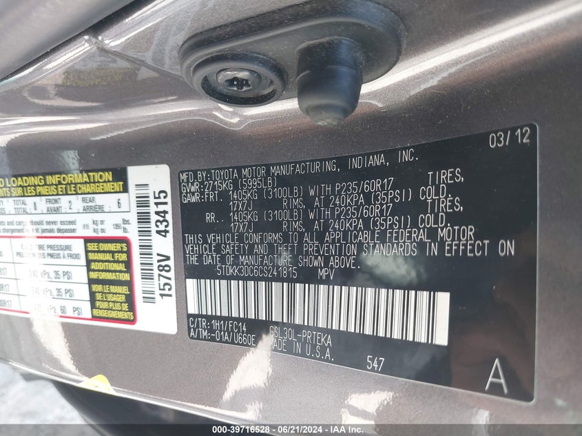 2012 Toyota Sienna Le V6 8 Passenger VIN: 5TDKK3DC6CS241815 Lot: 39716528