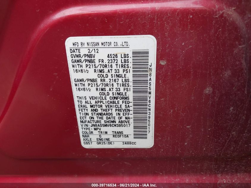 2012 Nissan Rogue S VIN: JN8AS5MV6CW395017 Lot: 39716534