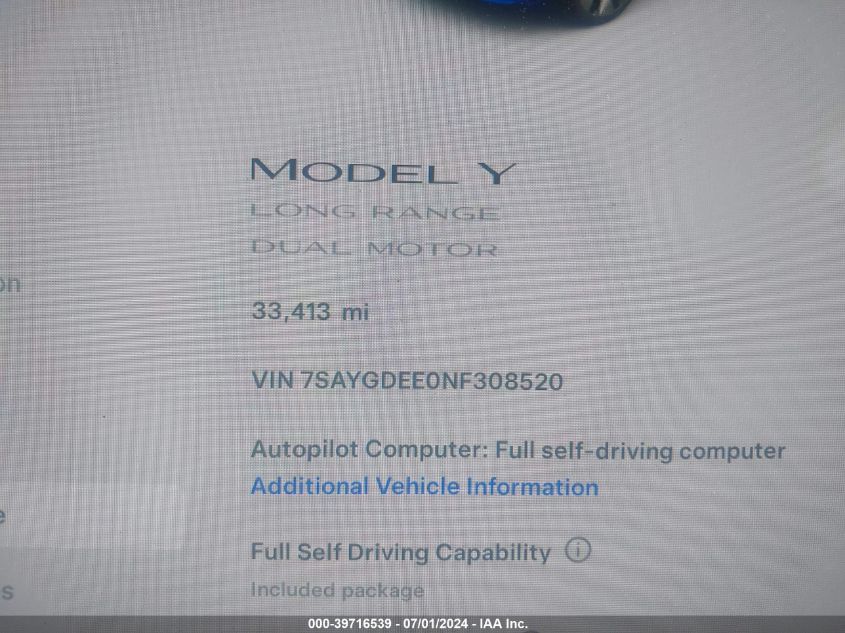 2022 Tesla Model Y Long Range Dual Motor All-Wheel Drive VIN: 7SAYGDEE0NF308520 Lot: 39716539