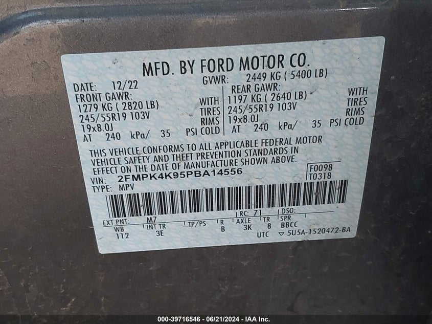 2023 Ford Edge Titanium VIN: 2FMPK4K95PBA14556 Lot: 39716546