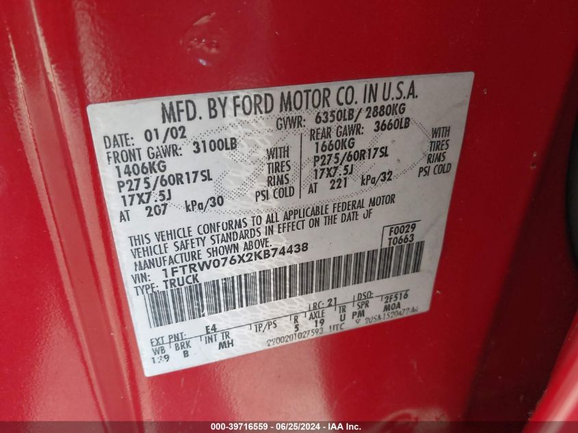 2002 Ford F150 Supercrew VIN: 1FTRW076X2KB74438 Lot: 39716559
