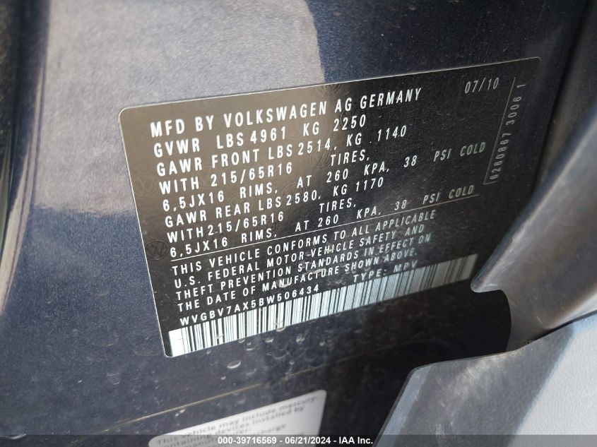 2011 Volkswagen Tiguan S VIN: WVGBV7AX5BW506434 Lot: 39716569