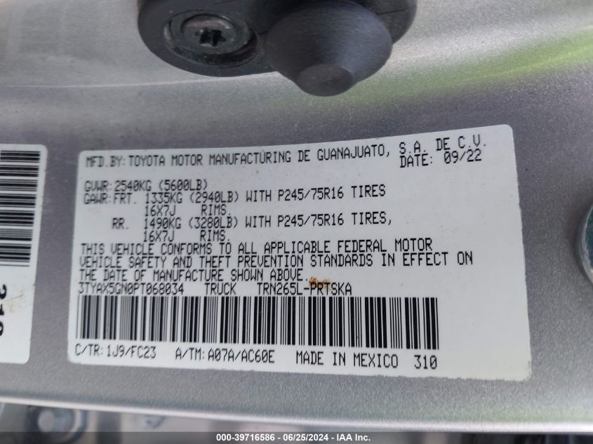 2023 Toyota Tacoma Double Cab/Sr/Sr5 VIN: 3TYAX5GN0PT068034 Lot: 39716586