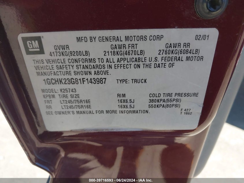 2001 Chevrolet Silverado 2500Hd Ls VIN: 1GCHK23G81F143987 Lot: 39716593