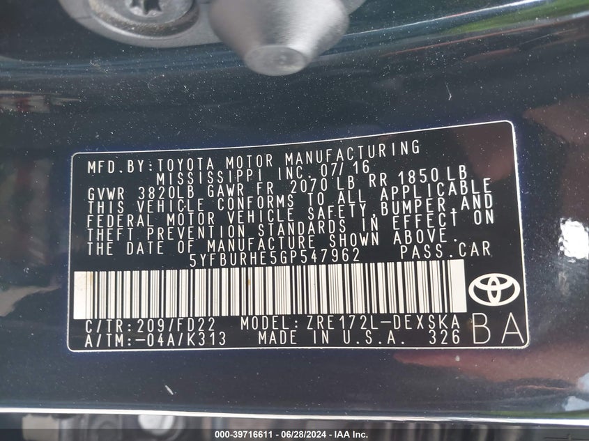 2016 TOYOTA COROLLA S PLUS - 5YFBURHE5GP547962