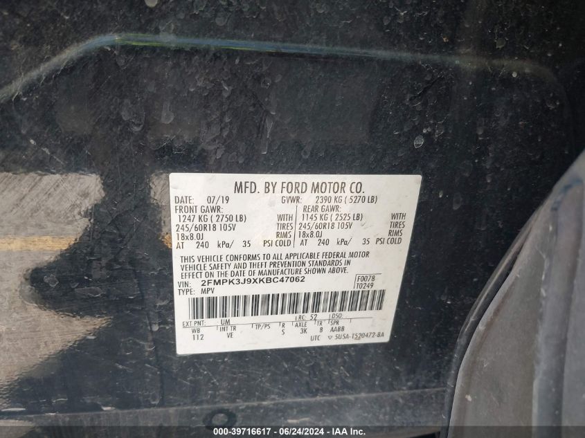 2019 Ford Edge Sel VIN: 2FMPK3J9XKBC47062 Lot: 39716617