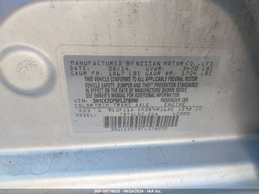 2015 Nissan Versa Note Sv VIN: 3N1CE2CP5FL378090 Lot: 39716625