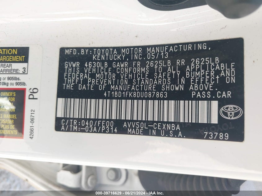 2013 Toyota Camry Hybrid Hybrid/Le/Xle VIN: 4T1BD1FK8DU087863 Lot: 39716629