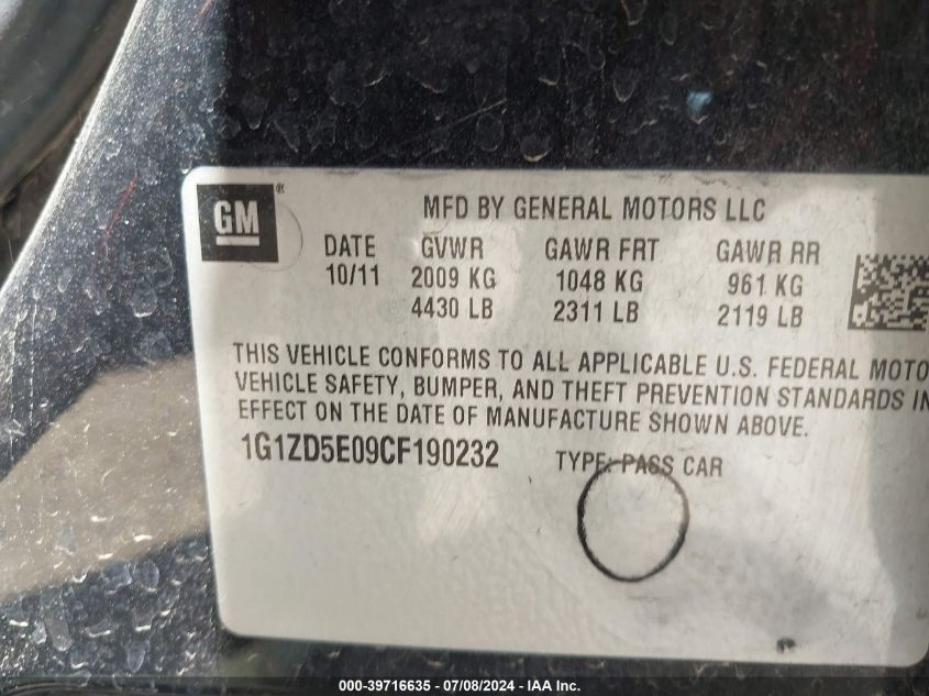 2012 Chevrolet Malibu 2Lt VIN: 1G1ZD5E09CF190232 Lot: 39716635