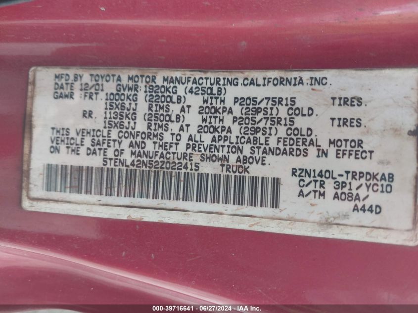 2002 Toyota Tacoma VIN: 5TENL42N52Z022415 Lot: 39716641