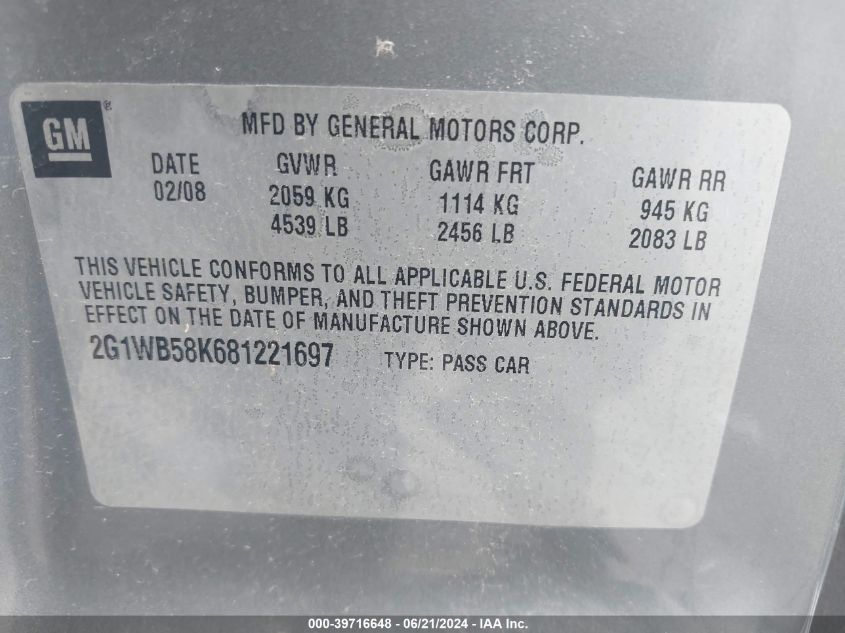 2008 Chevrolet Impala Ls VIN: 2G1WB58K681221697 Lot: 39716648