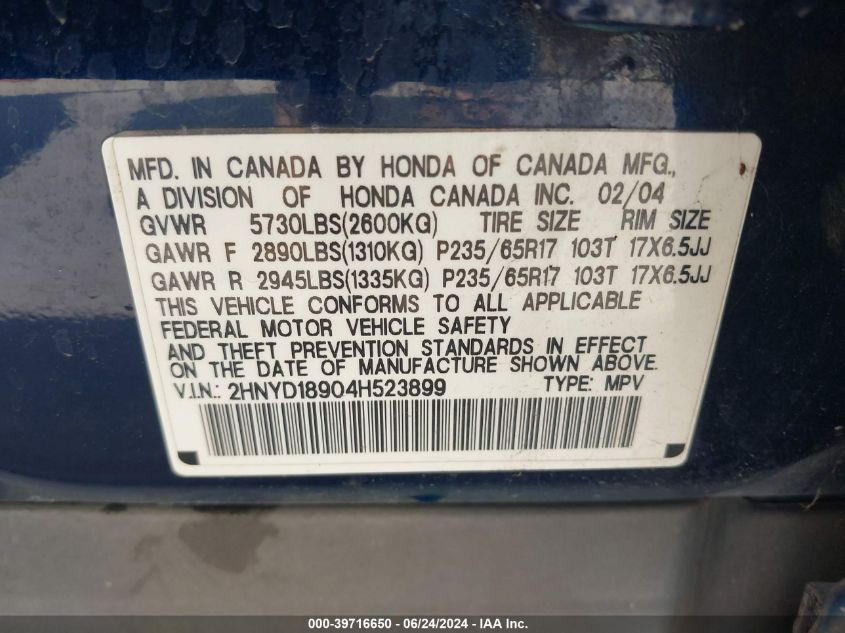 2004 Acura Mdx VIN: 2HNYD18904H523899 Lot: 39716650