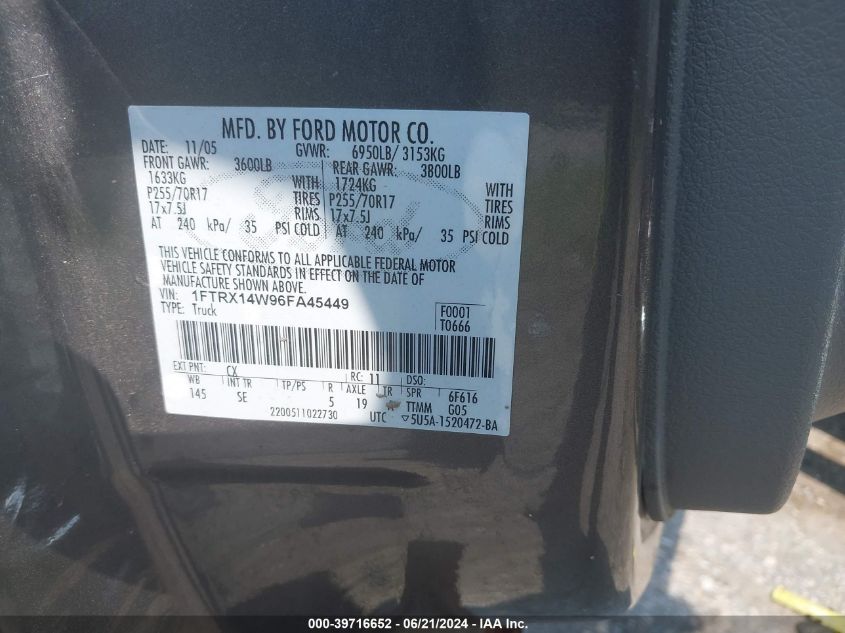 1FTRX14W96FA45449 | 2006 FORD F-150