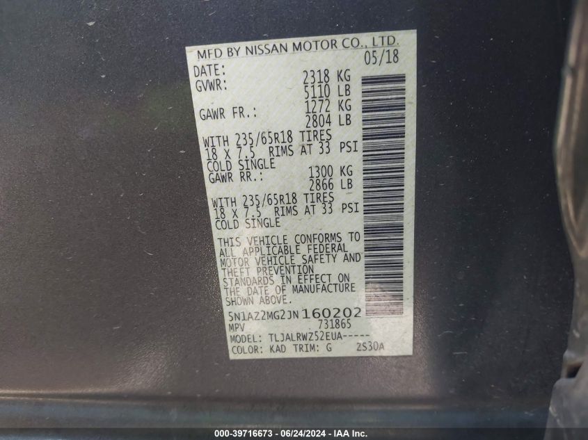 2018 Nissan Murano S/Sl/Sv/Platinum VIN: 5N1AZ2MG2JN160202 Lot: 39716673