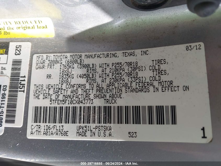 2012 Toyota Tundra Grade 4.6L V8 VIN: 5TFEM5F10CX043773 Lot: 39716685