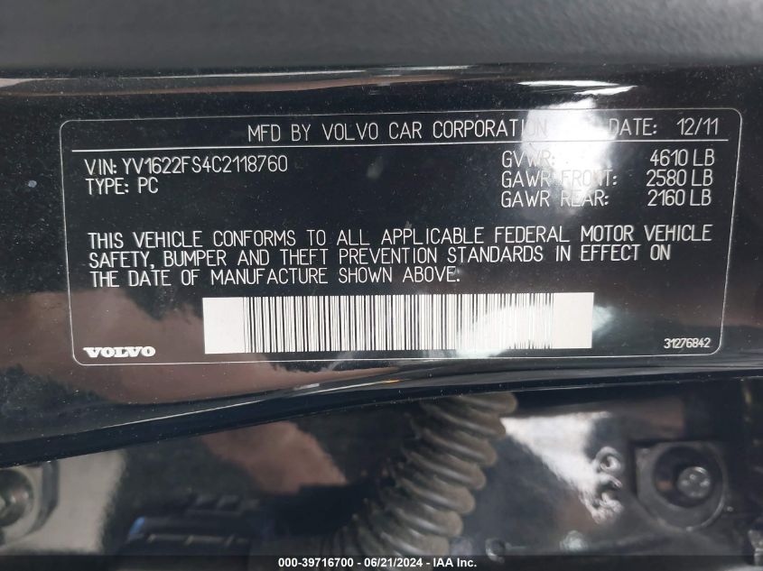 2012 Volvo S60 T5 VIN: YV1622FS4C2118760 Lot: 39716700