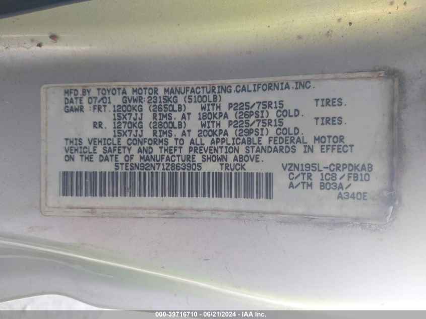 2001 Toyota Tacoma Xtracab Prerunner VIN: 5TESN92N71Z863905 Lot: 39716710