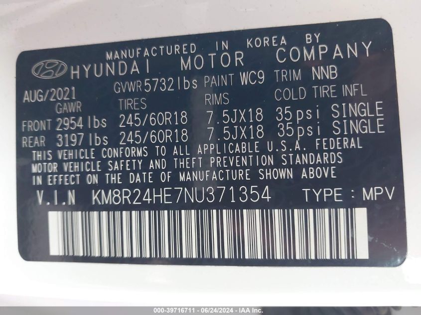 2022 Hyundai Palisade Sel VIN: KM8R24HE7NU371354 Lot: 39716711