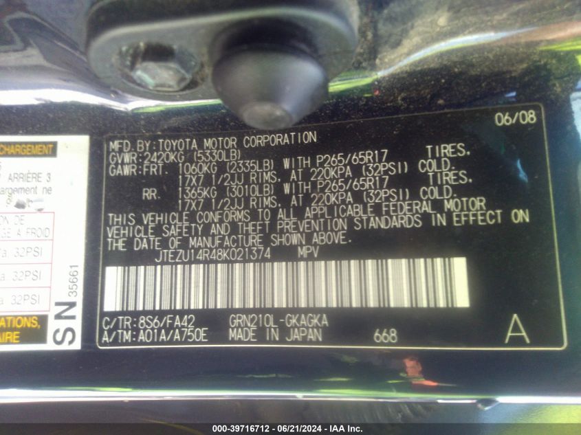 2008 Toyota 4Runner Sr5 V6 VIN: JTEZU14R48K021374 Lot: 39716712