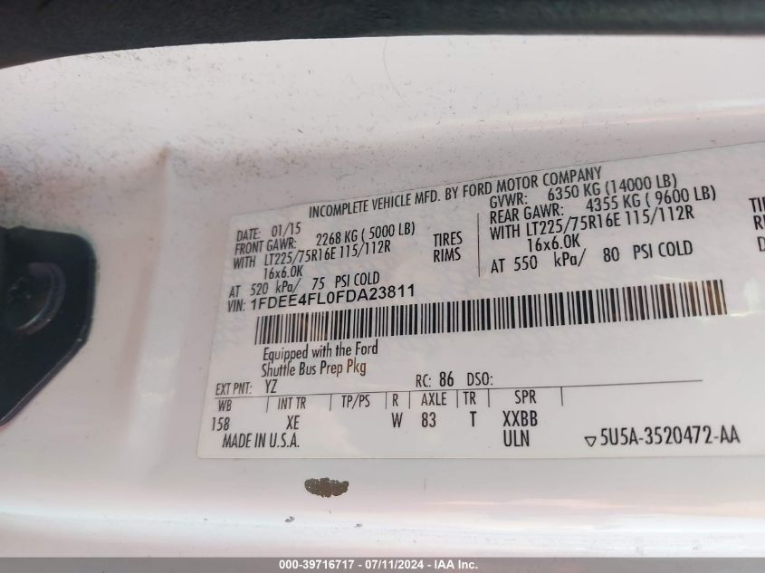 2015 Ford Econoline E450 Super Duty Cutwy Van VIN: 1FDEE4FL0FDA23811 Lot: 39716717