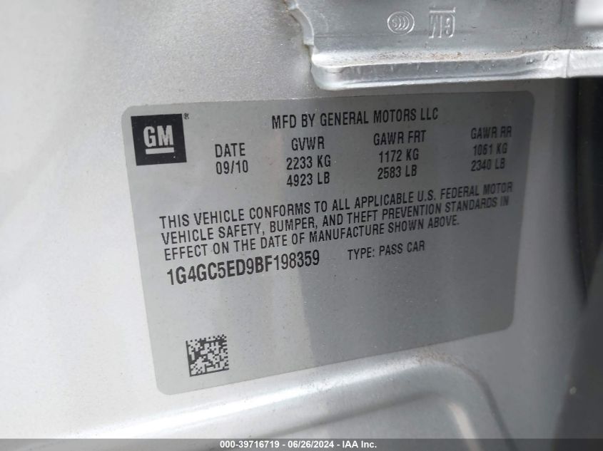 2011 Buick Lacrosse Cxl VIN: 1G4GC5ED9BF198359 Lot: 39716719