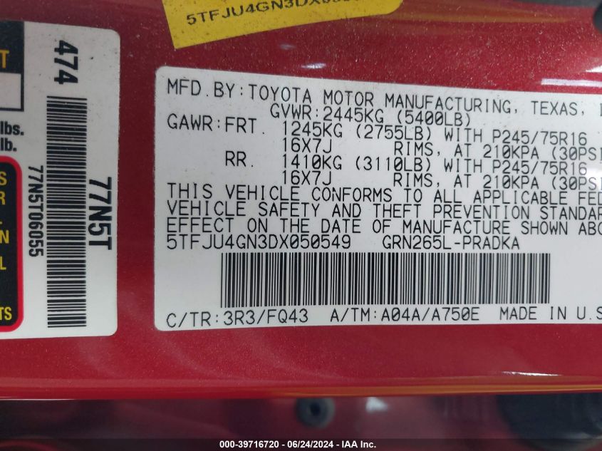2013 Toyota Tacoma Double Cab Prerunner VIN: 5TFJU4GN3DX050549 Lot: 39716720