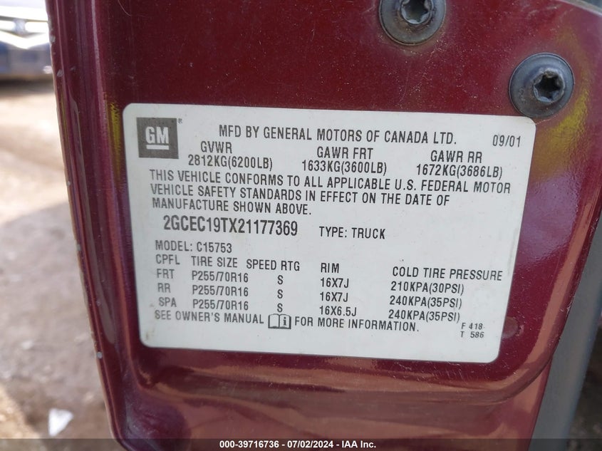 2002 Chevrolet Silverado 1500 Ls VIN: 2GCEC19TX21177369 Lot: 39716736