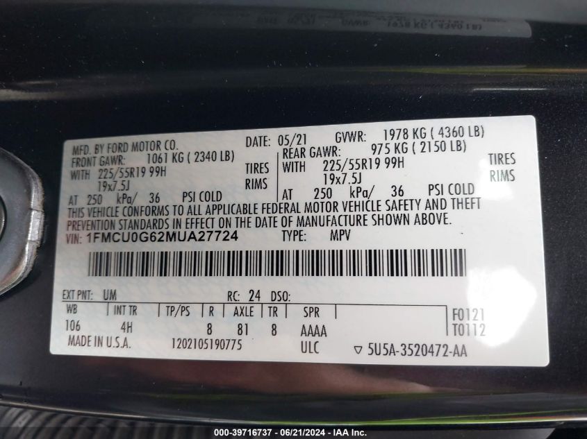 1FMCU0G62MUA27724 2021 Ford Escape Se