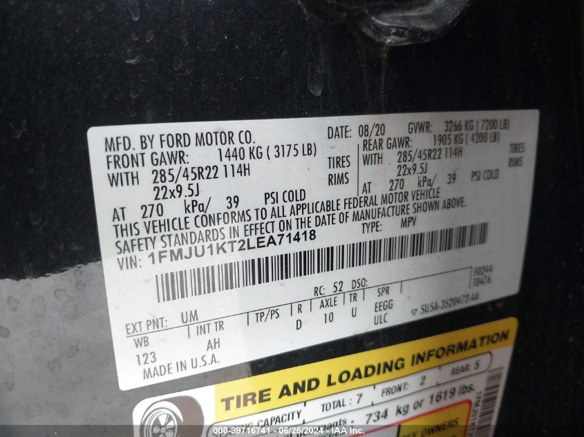 2020 Ford Expedition Limited VIN: 1FMJU1KT2LEA71418 Lot: 39716741