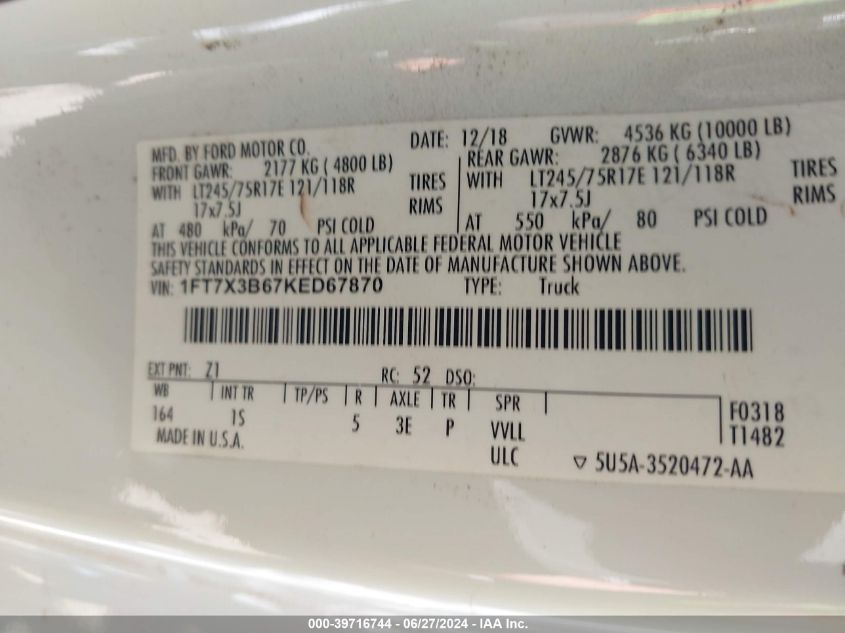 2019 Ford F350 Super Duty VIN: 1FT7X3B67KED67870 Lot: 39716744
