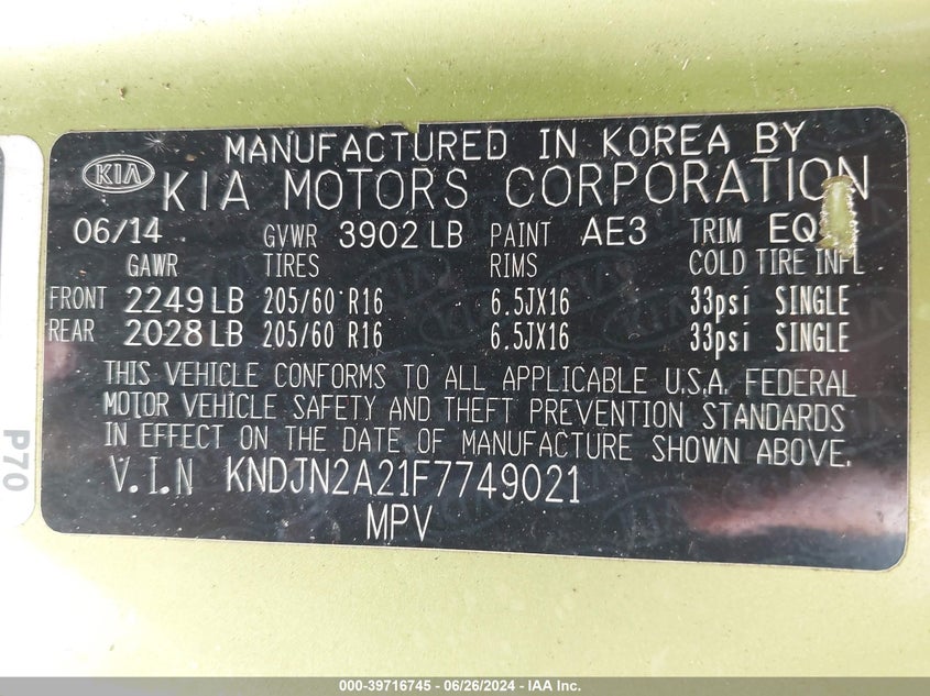 2015 Kia Soul VIN: KNDJN2A21F7749021 Lot: 39716745