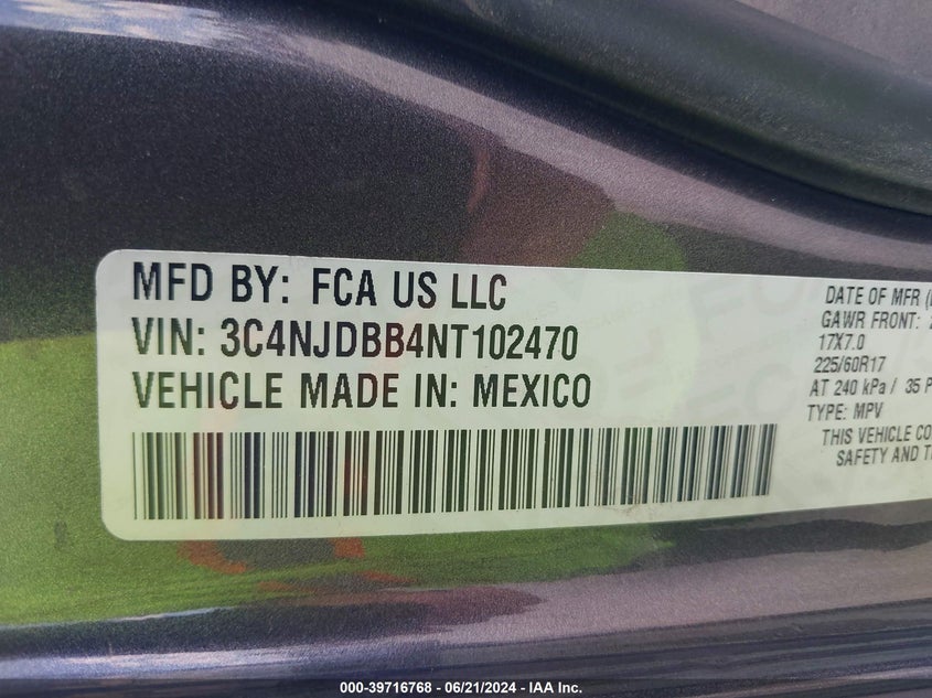VIN 3C4NJDBB4NT102470 2022 JEEP COMPASS LATITUDE 4X4