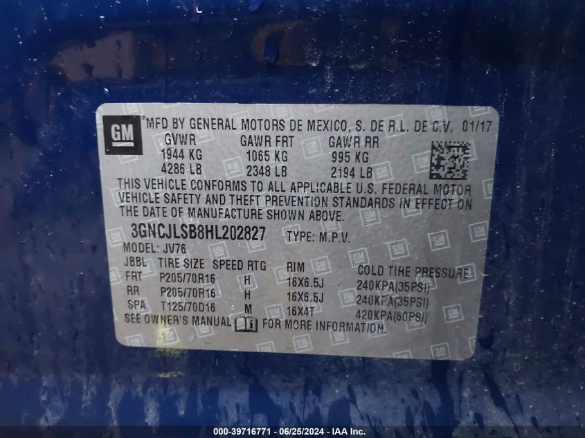 2017 Chevrolet Trax Lt VIN: 3GNCJLSB8HL202827 Lot: 39716771