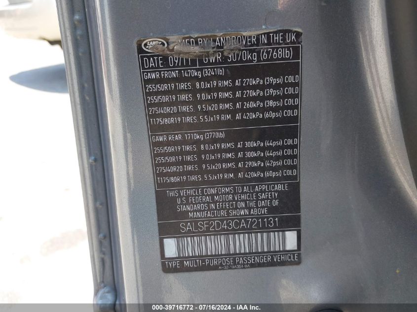 2012 Land Rover Range Rover Sport Hse VIN: SALSF2D43CA721131 Lot: 39716772