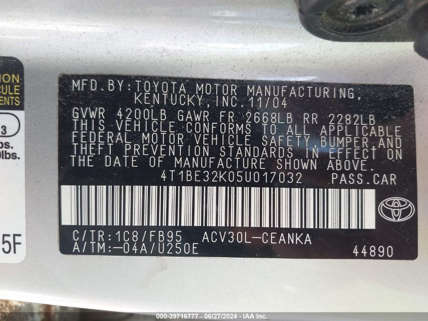 2005 Toyota Camry Le VIN: 4T1BE32K05U017032 Lot: 39716777