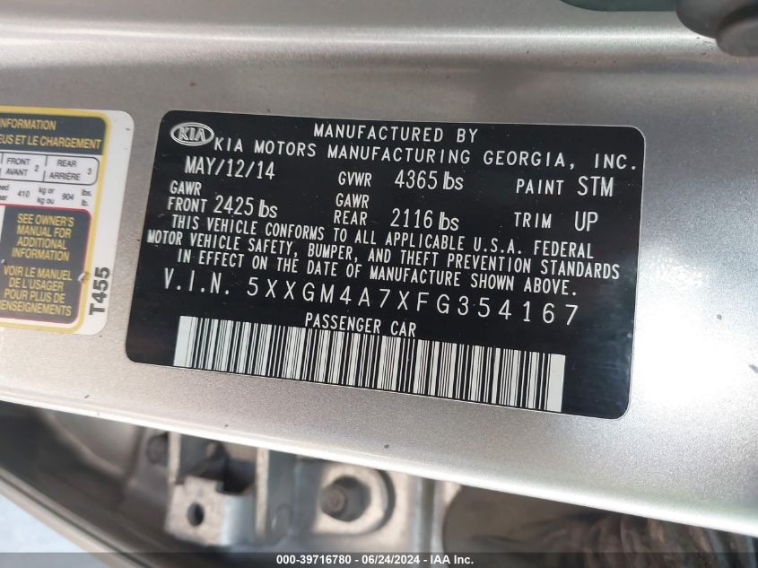 2015 Kia Optima Lx VIN: 5XXGM4A7XFG354167 Lot: 39716780