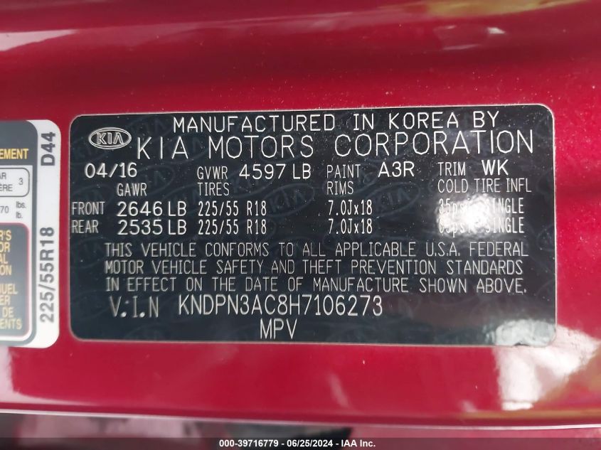 2017 Kia Sportage Ex VIN: KNDPN3AC8H7106273 Lot: 39716779